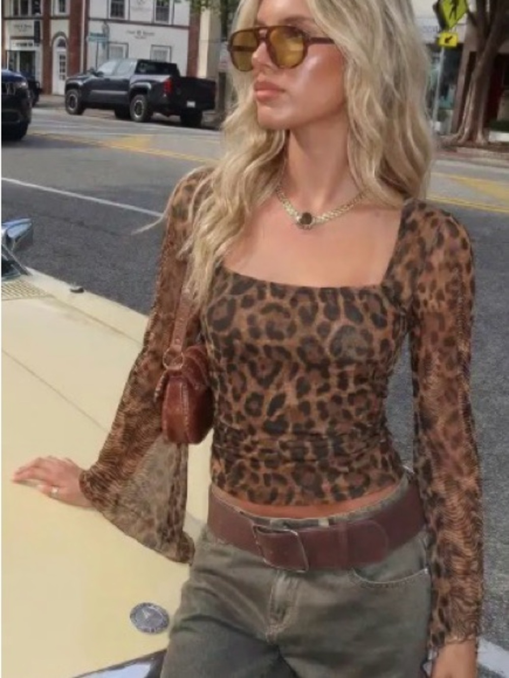 Cider | Leopard Square-Neck Ceffon Long Sleeve Top with Bell Sleeve | S